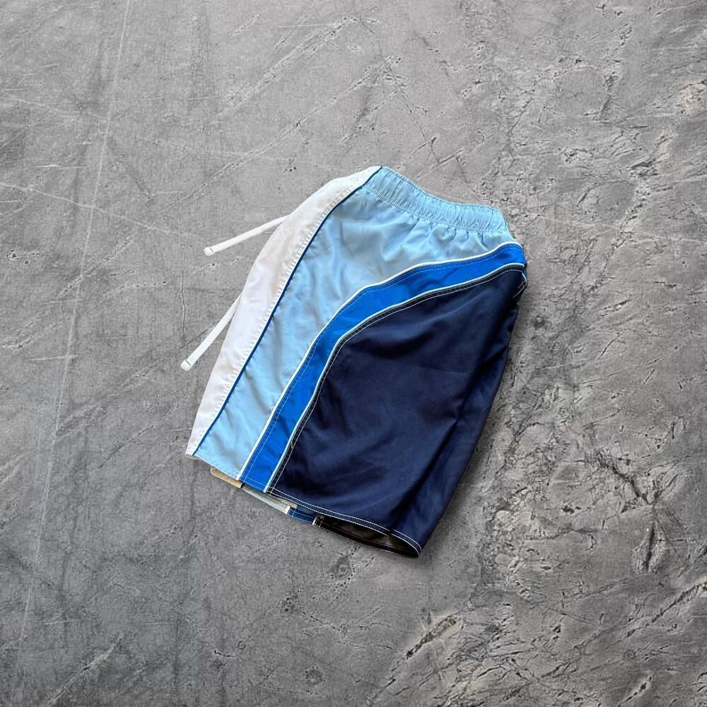 Y2K vtg 00s super baggy colorblock swoop white and blue surfwear boardshorts